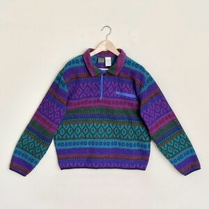 Vintage 80s 90s Sunbuster Geometric Multicolor Fleece Pullover Jacket Women’s L